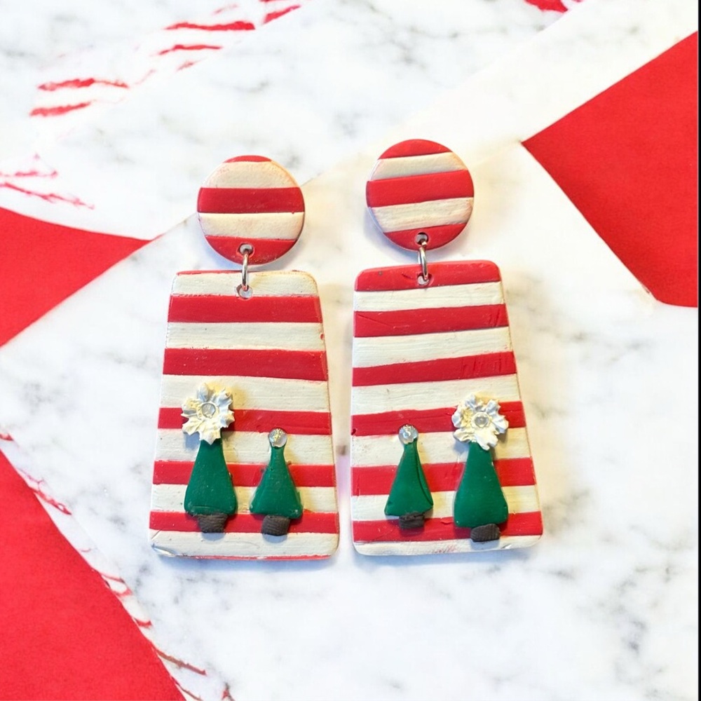Perfectly imperfect by Heather. Festive Striped Earrings with Tree Design